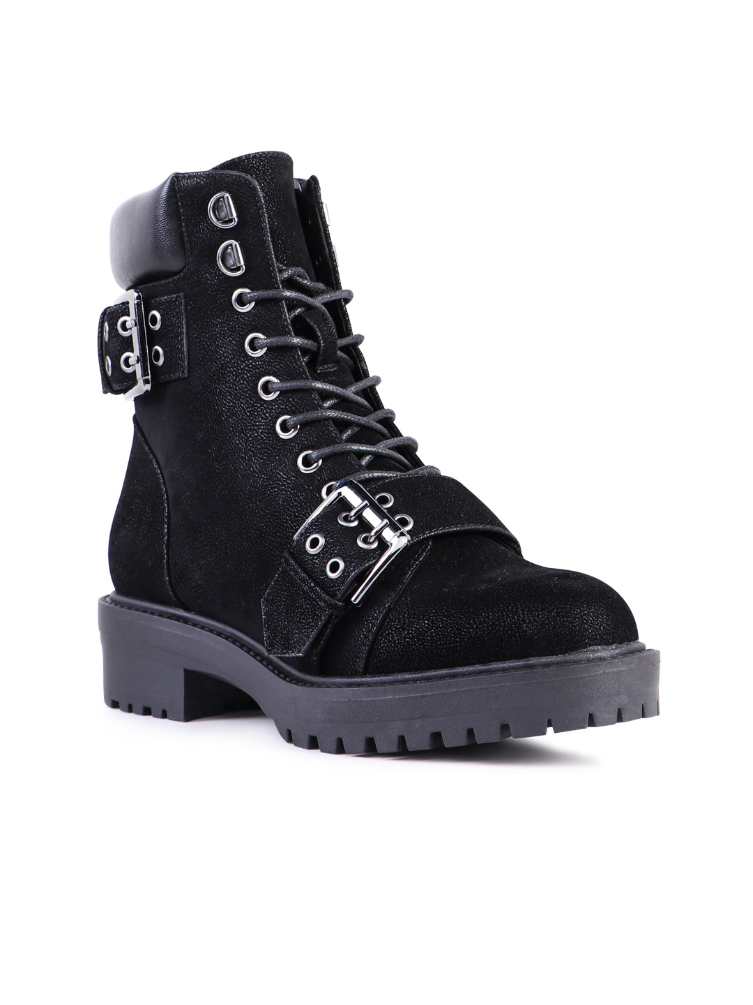 Adjustable Buckle Chunky Heel Boots - Black