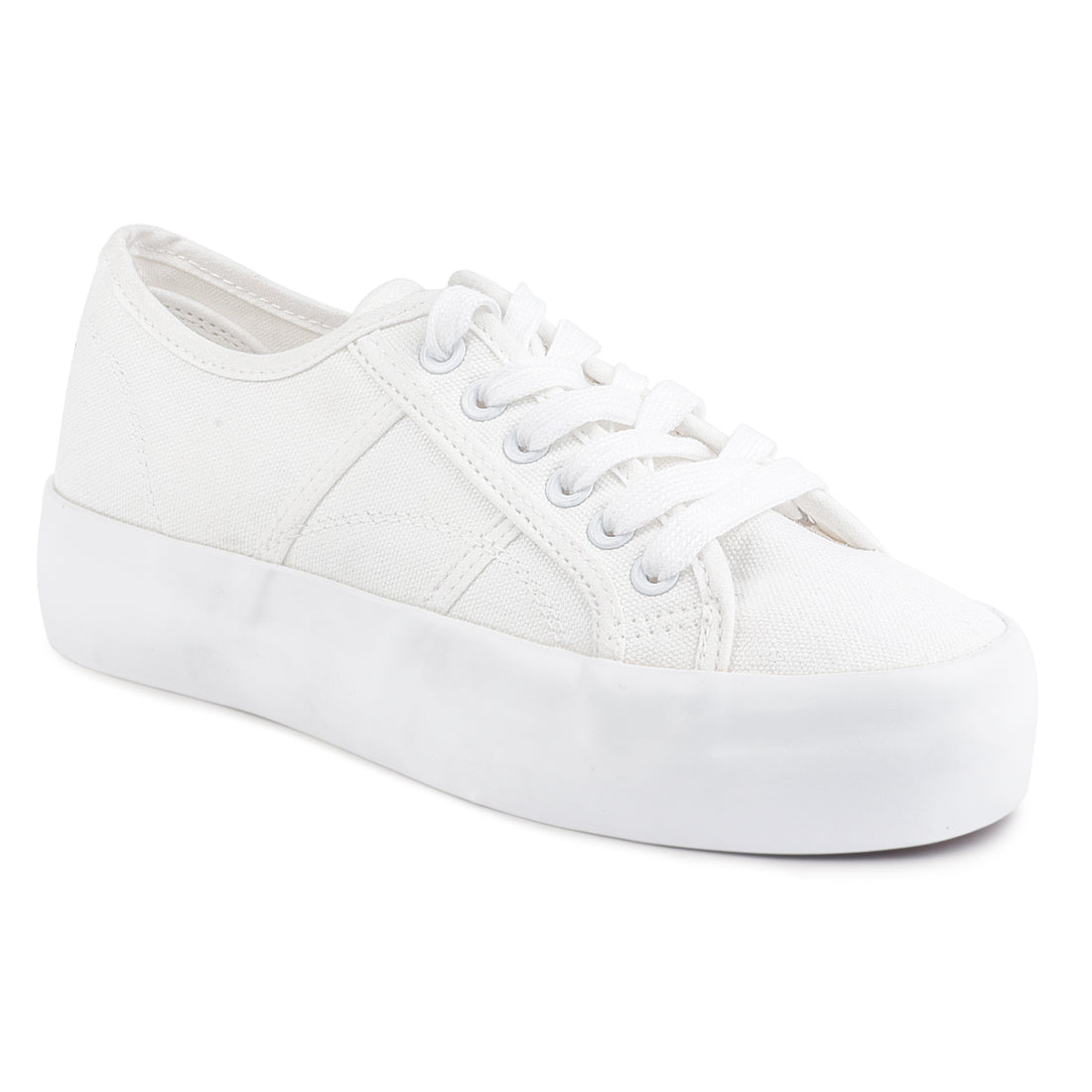 White Solid Platform Lace up Sneakers - White