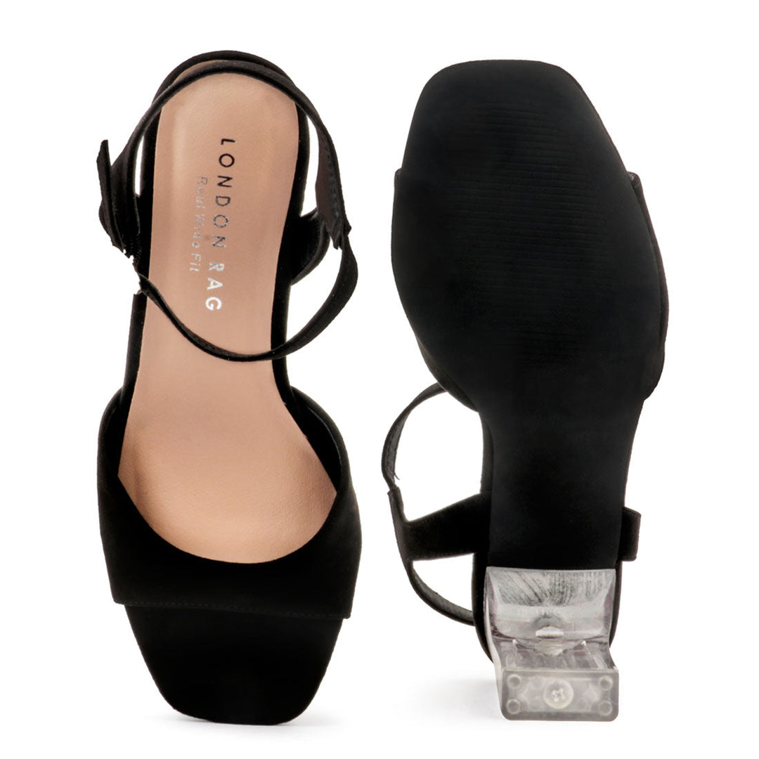 Black High Clear Heel Ankle Strap Sandal - Black