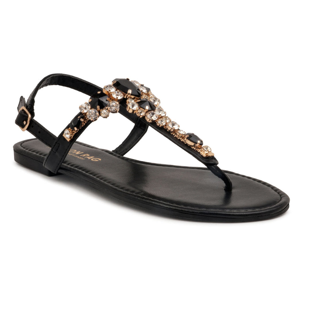 Black Embellished T-strap Flat - Black