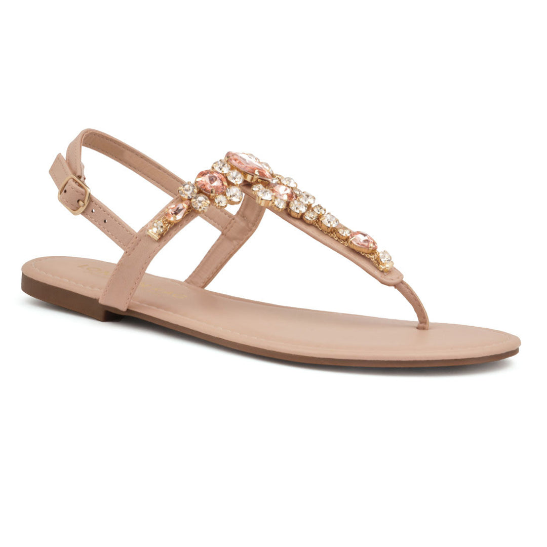 Nude Embellished T-strap Flat - Beige