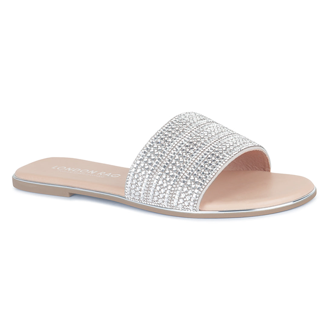 Silver Embellished Casual Slides in Nude - Nude