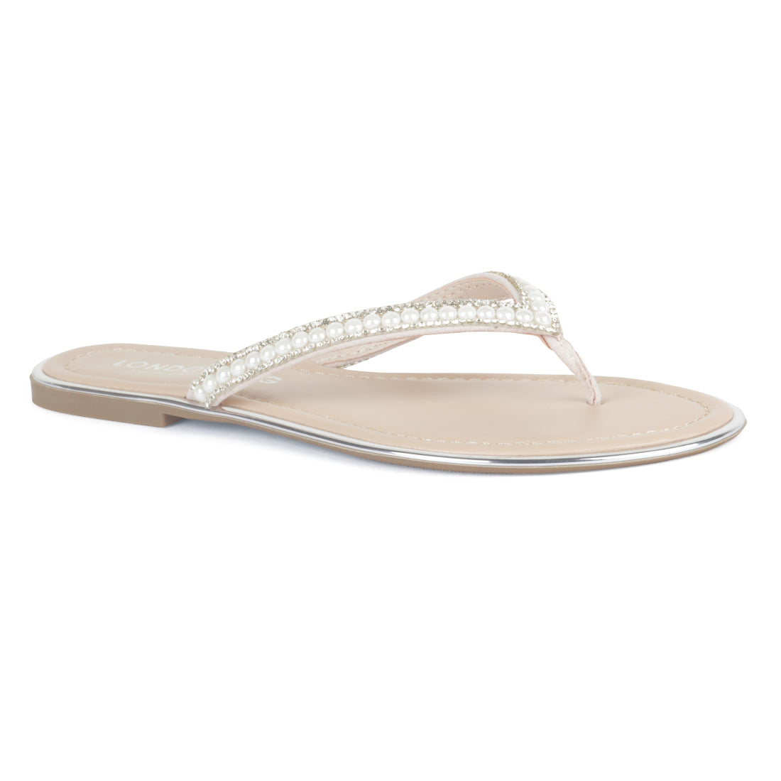 Beaded Strap Thong Flats in Nude - Nude