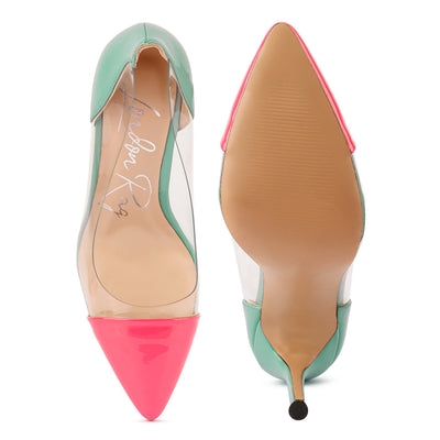Green Pink Candace Clear Stiletto Pumps