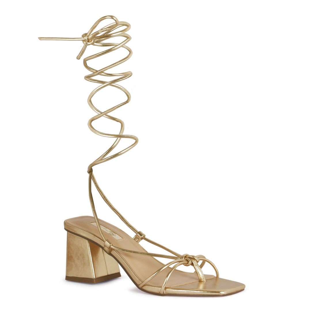 Gold Tie-Up Block Heel Sandal - Gold