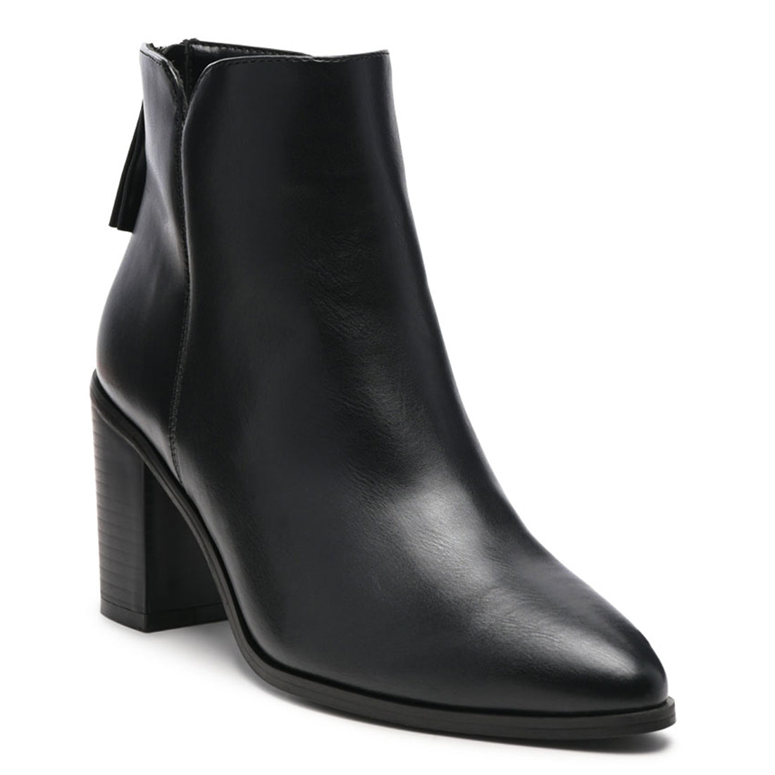 Block Heeled Faux Leather Ankle Boot in Black - Black