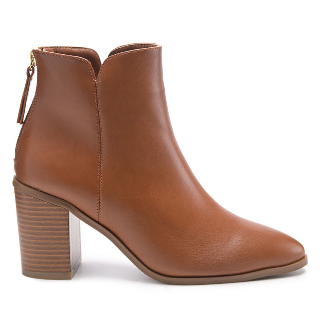 Block Heeled Faux Leather Ankle Boot in Tan - Tan