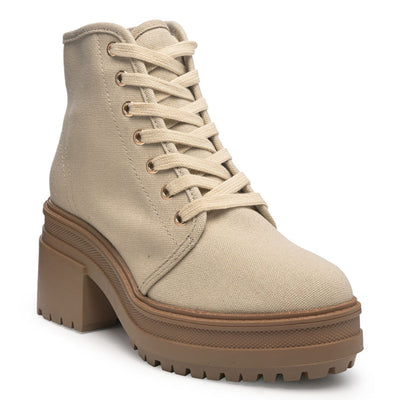 Canvas Card Lace-Up Biker Boots in Beige