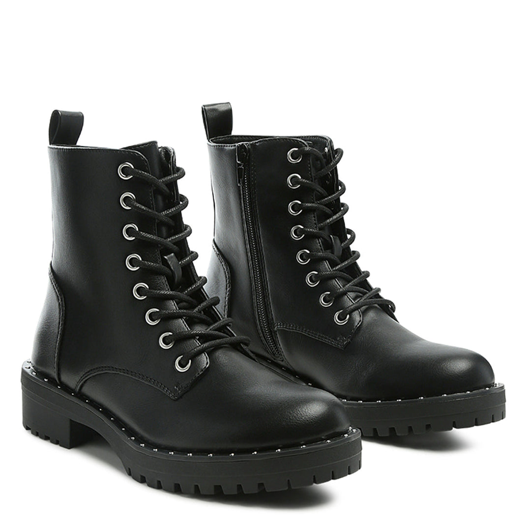 Black Stud Lined Lace-Up Biker Boot - UK3