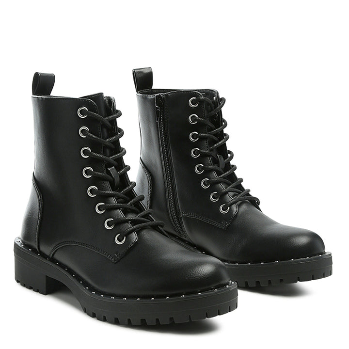 Black Stud Lined Lace-Up Biker Boots