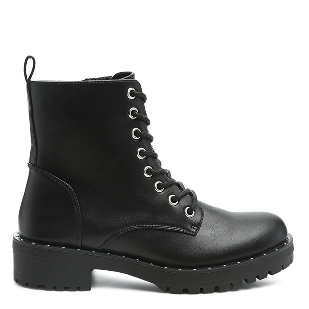 Black Stud Lined Lace-Up Biker Boot - UK5