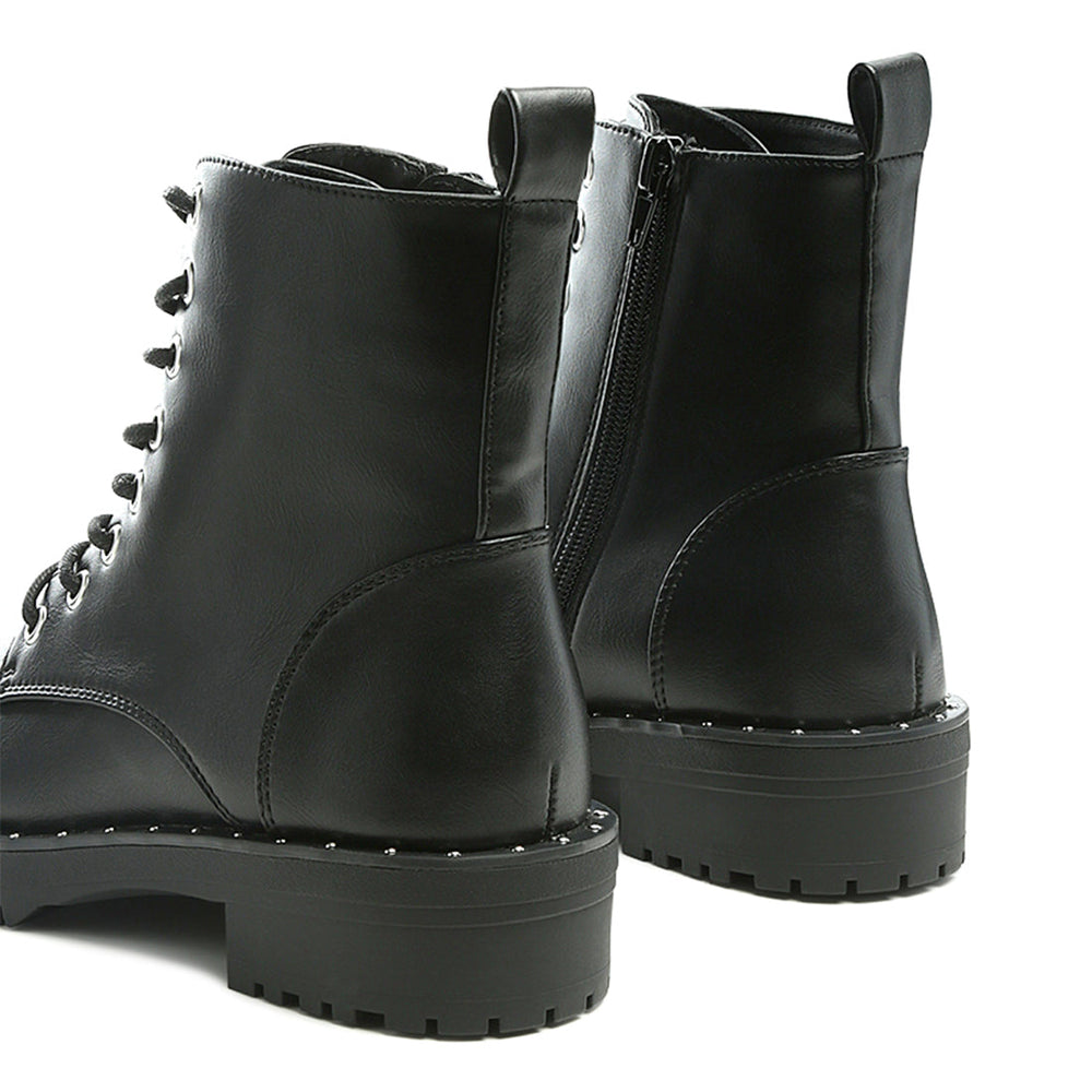 Black Stud Lined Lace-Up Biker Boot - UK4