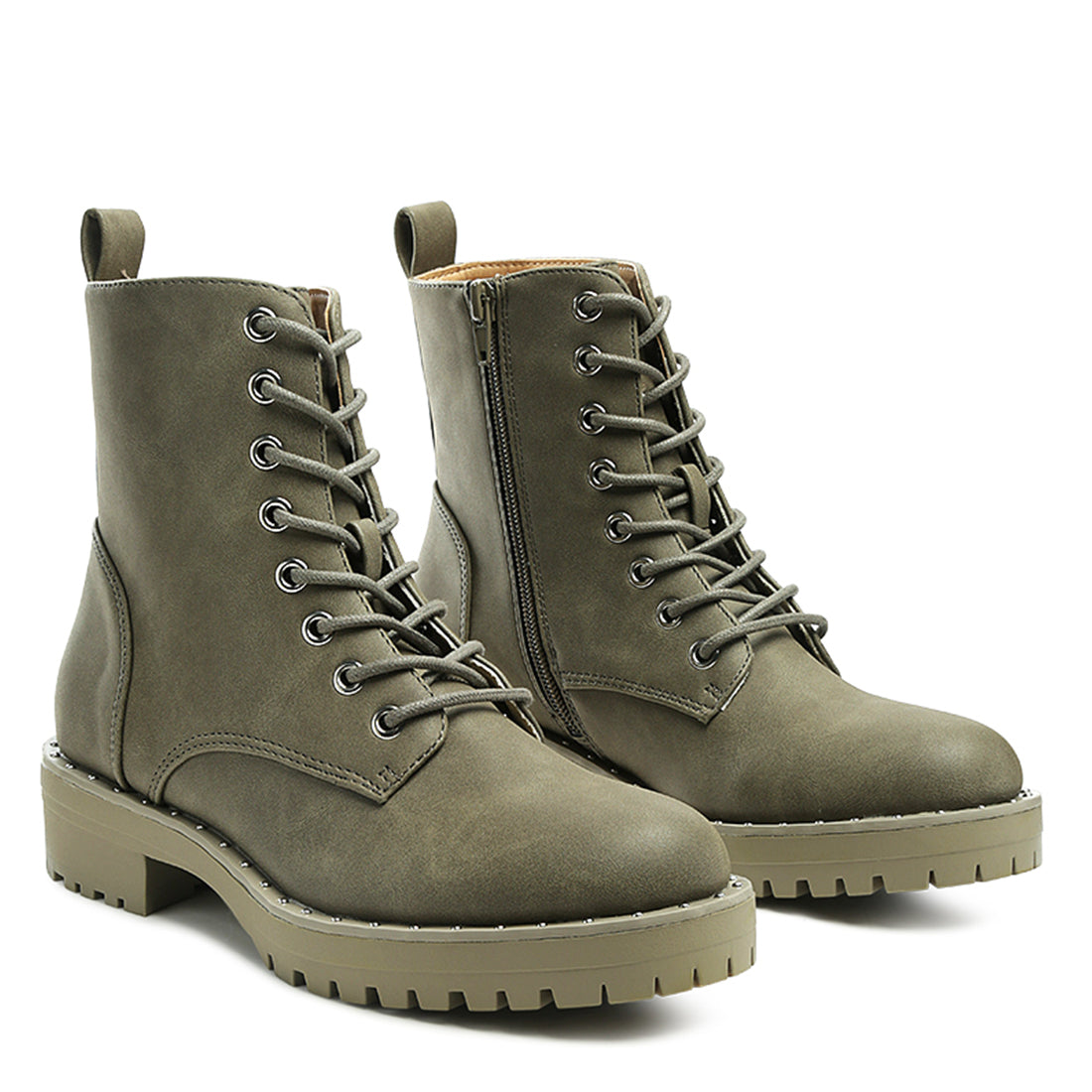 Olive Stud Lined Lace-Up Biker Boots