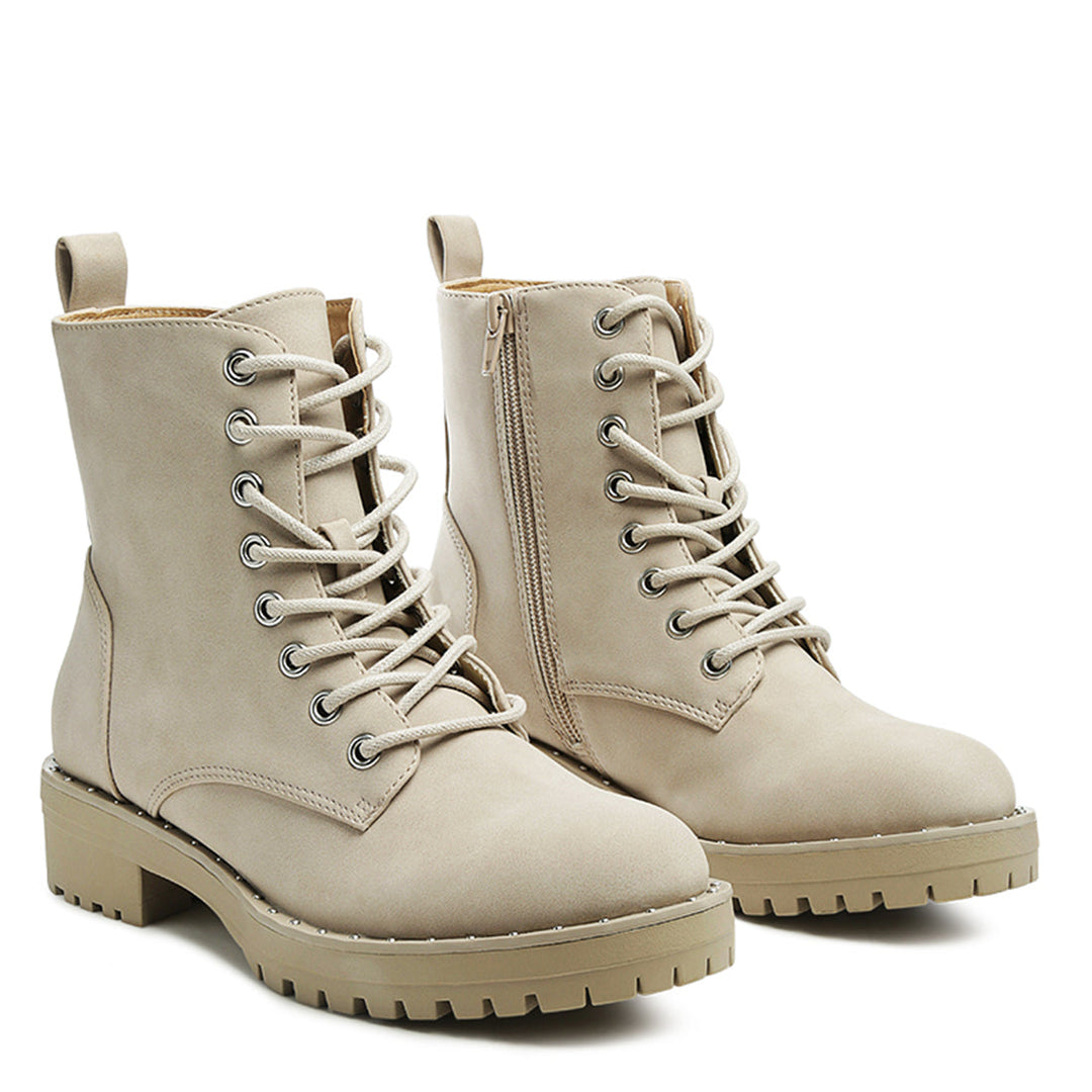 Beige Stud Lined Lace-Up Biker Boots