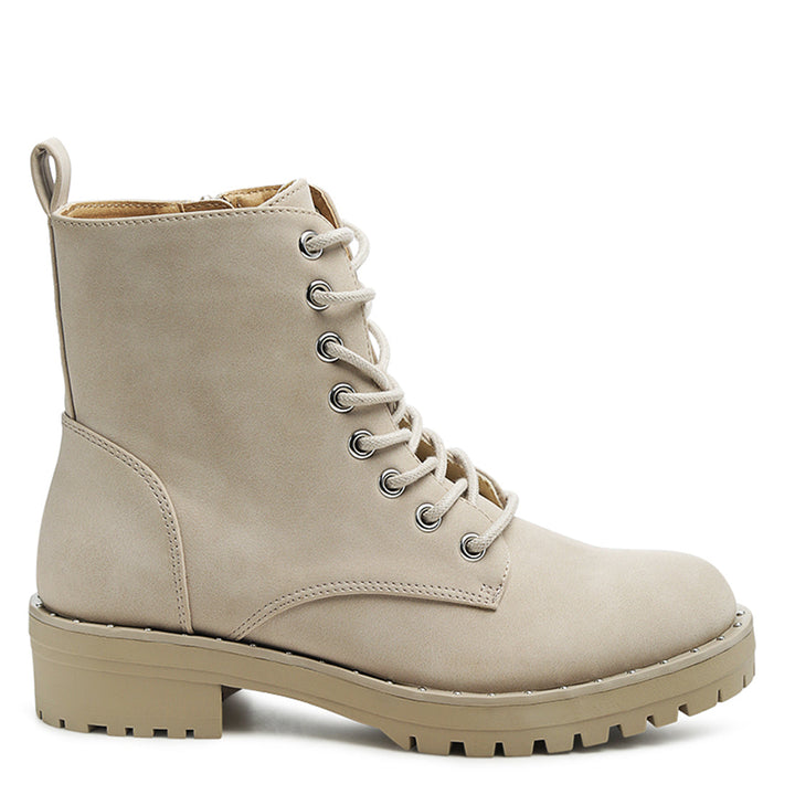 Beige Stud Lined Lace-Up Biker Boot - UK5