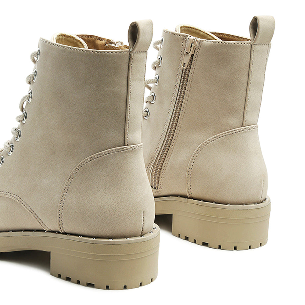 Beige Stud Lined Lace-Up Biker Boot - UK4