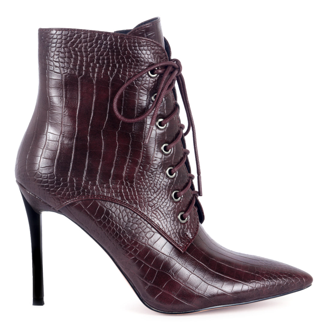 Lace-Up Stiletto Boot in Burgundy - Burgundy