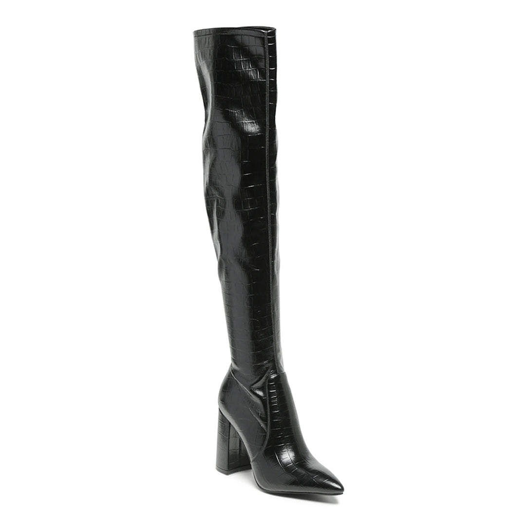 Knee High PU block Heeled Boot In Black - Black