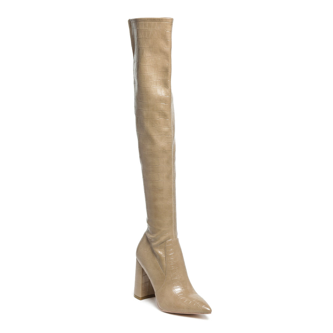 Knee High block Heeled Boot in Beige - Beige