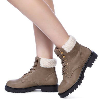 Fur Collared Biker Boots in Taupe - UK8