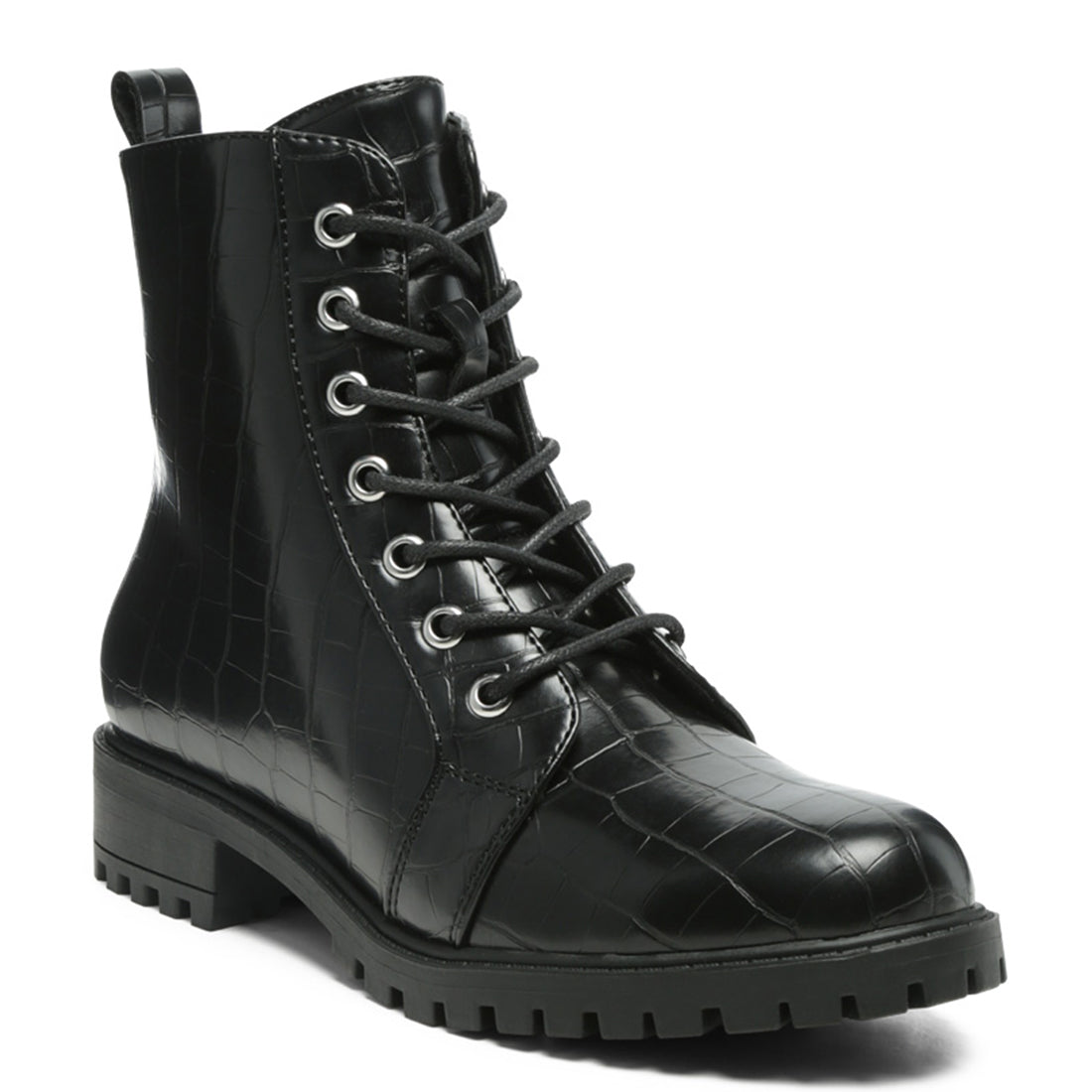 Lace - Up Croc Textured Ankle Boots in Black