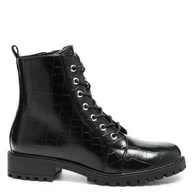 Lace - Up Croc Textured Ankle Boot in Black - UK5