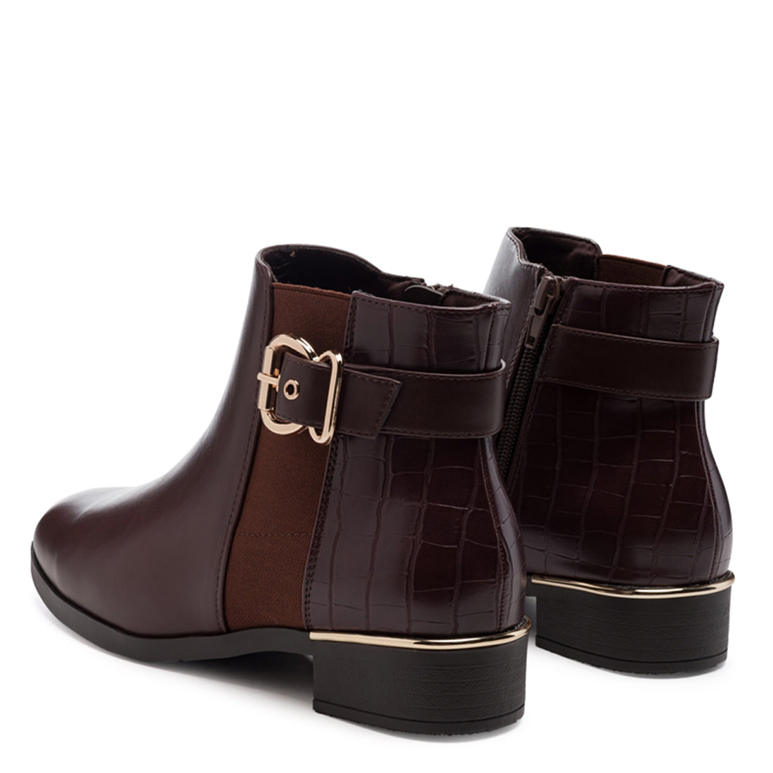 Buckled Ankle Boot with Croc Detail in Brown - UK4