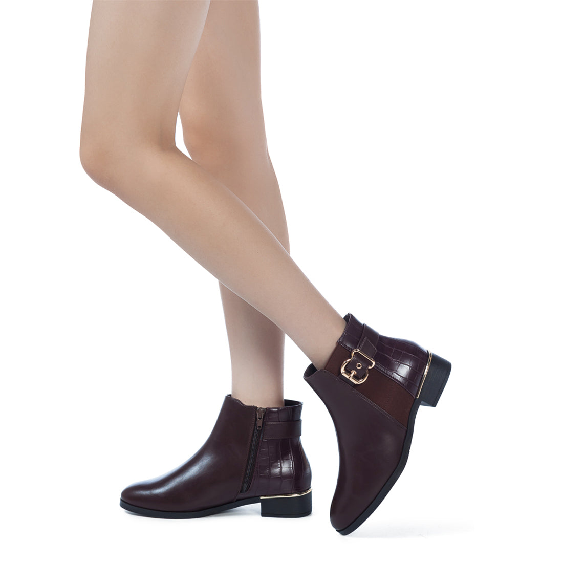Buckled Ankle Boot with Croc Detail in Brown - UK8