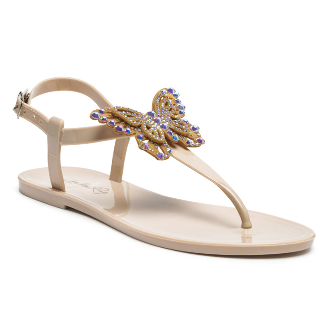 Butterfly T Strap Flat Sandals in Nude - Nude