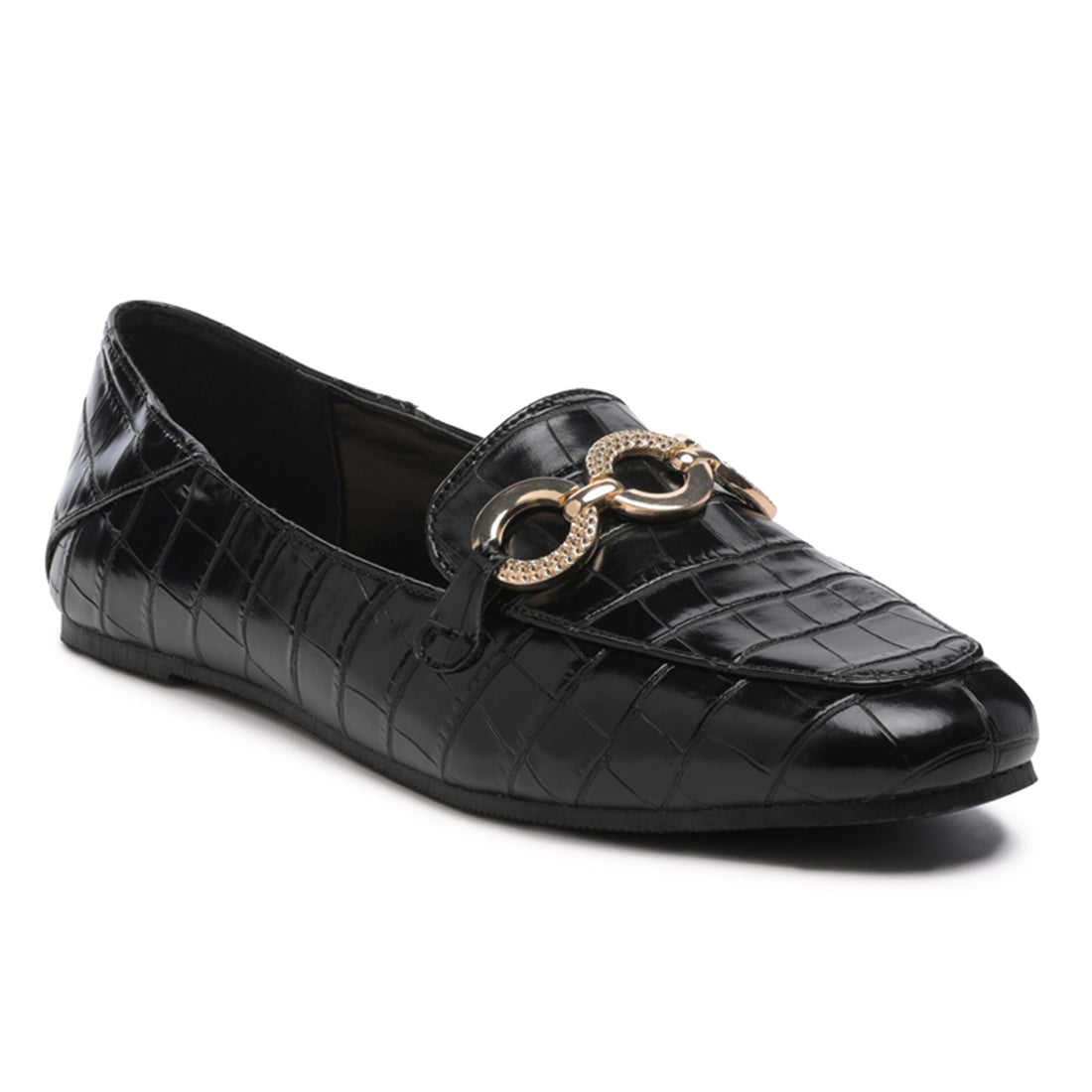 Croc Textured Metal Detail Loafers in Black - Black
