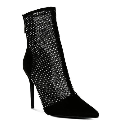 Black Mesh Diamante Detail High Heel Boots
