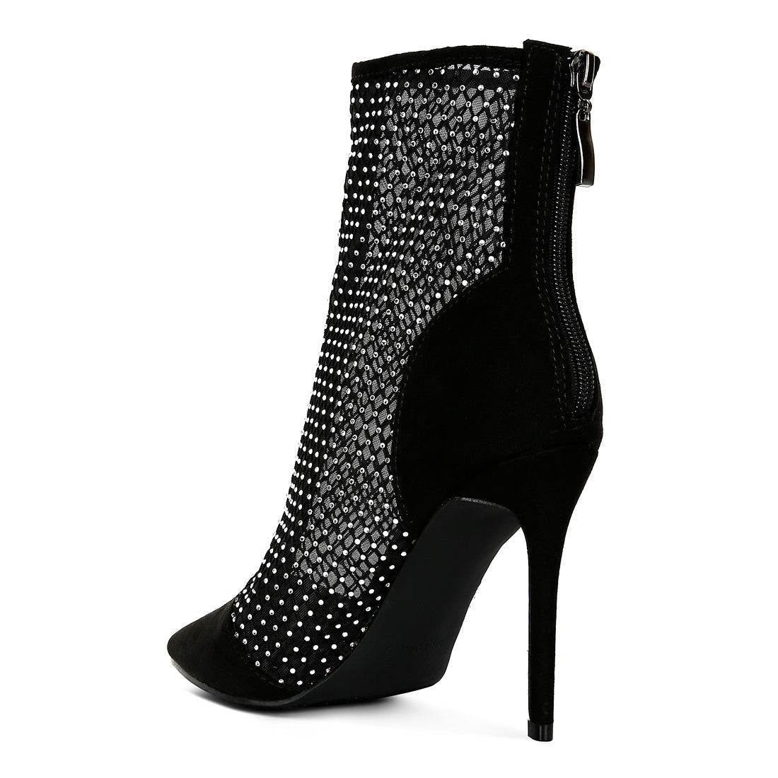 Black Mesh Diamante Detail High Heel Boots