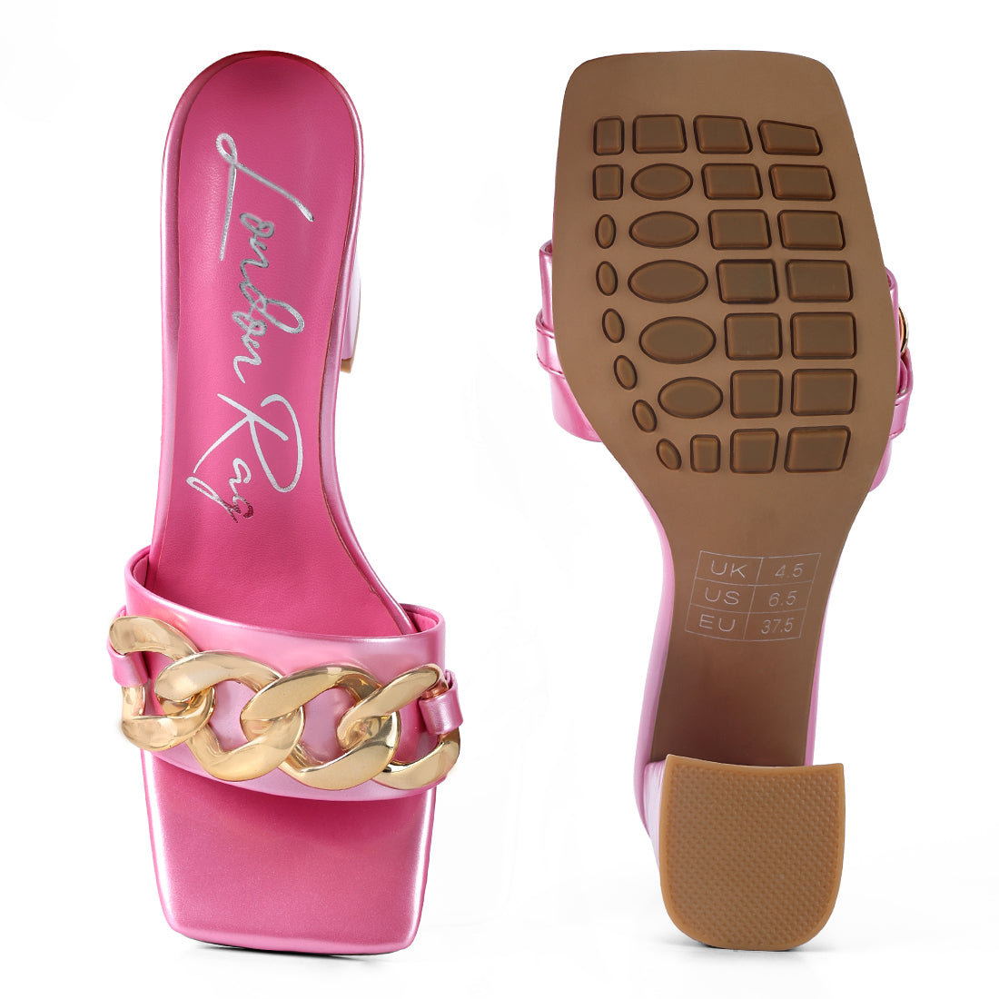 Metal Chain Detail Block Heel Sandal in Pink