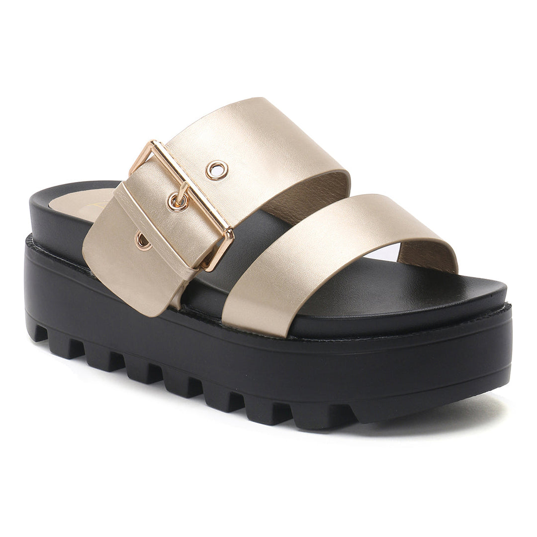 Metal Buckle Platform Sandals in Gold