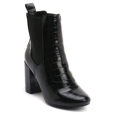 Black Croc Textured Block Heeled Chelsea Boots