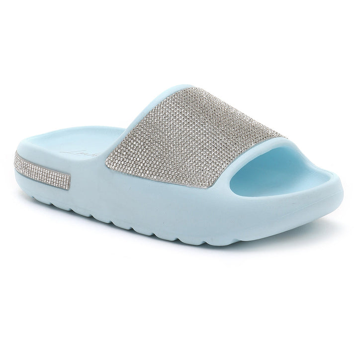 women diamante pool sliders#color_blue