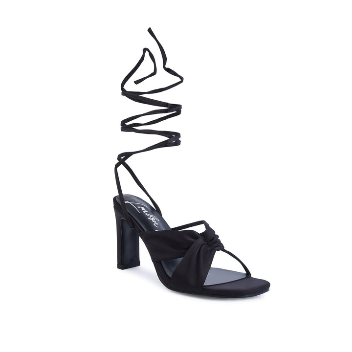 Black Ruched Satin Tie Up Block Heeled Sandals