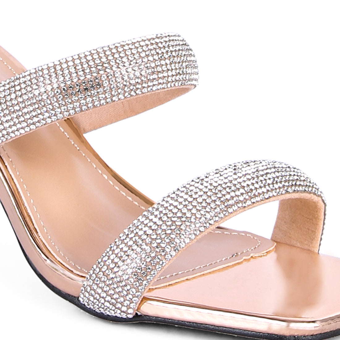 Gold Diamante Mid Heel Slide Sandals
