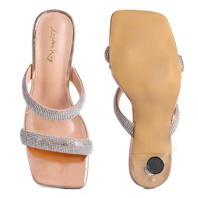 Gold Diamante Mid Heel Slide Sandals