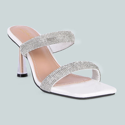 White Diamante Mid Heel Slide Sandals