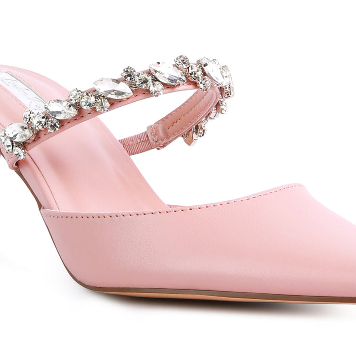 Blush Diamante Strap Heeled Mules