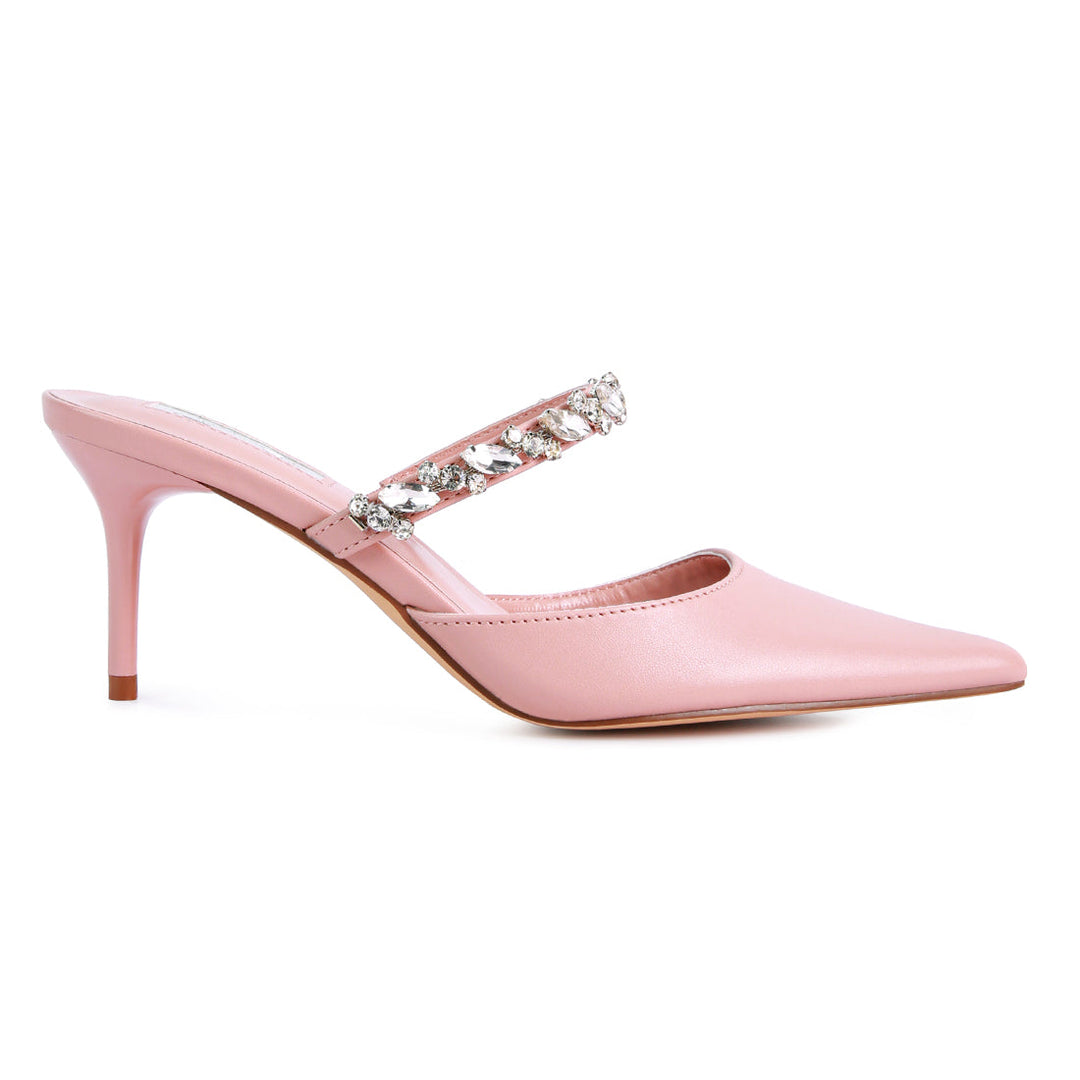 Blush Diamante Strap Heeled Mules