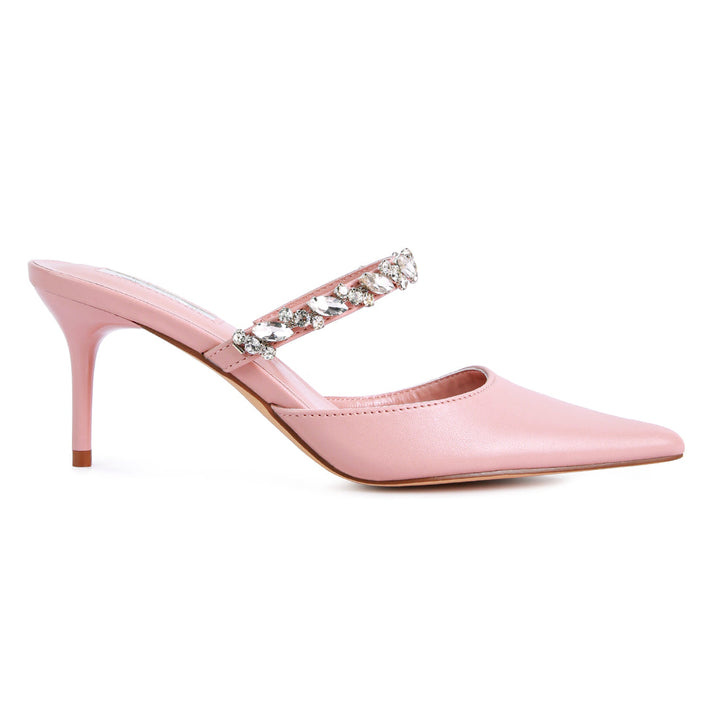 Blush Diamante Strap Heeled Mules