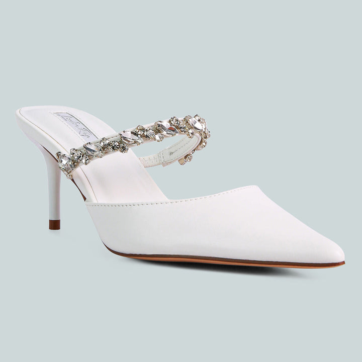 White Diamante Strap Heeled Mules