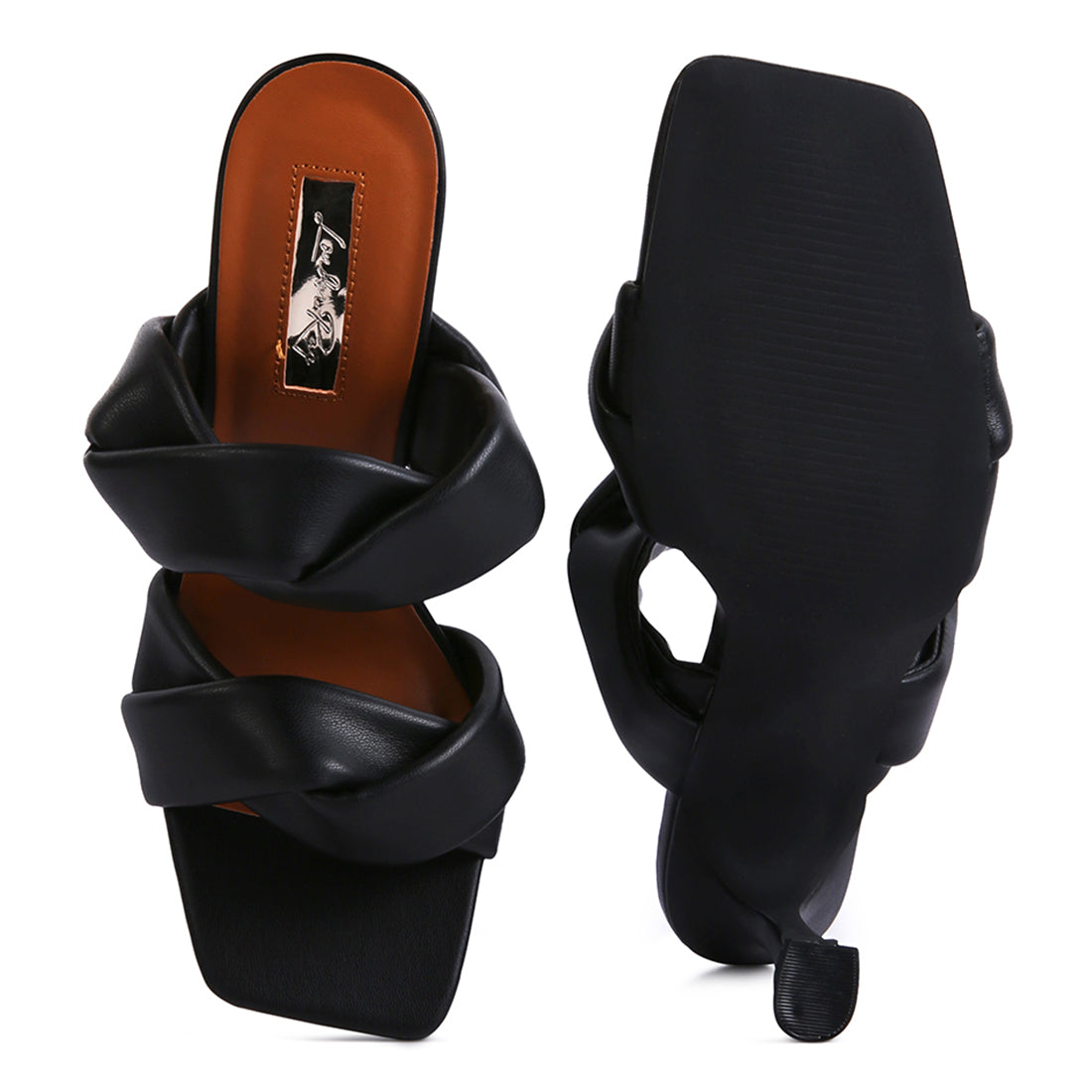 Black Twisted Strap Spool Heeled Sandals