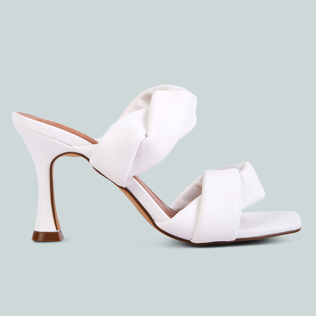 White Twisted Strap Spool Heeled Sandals