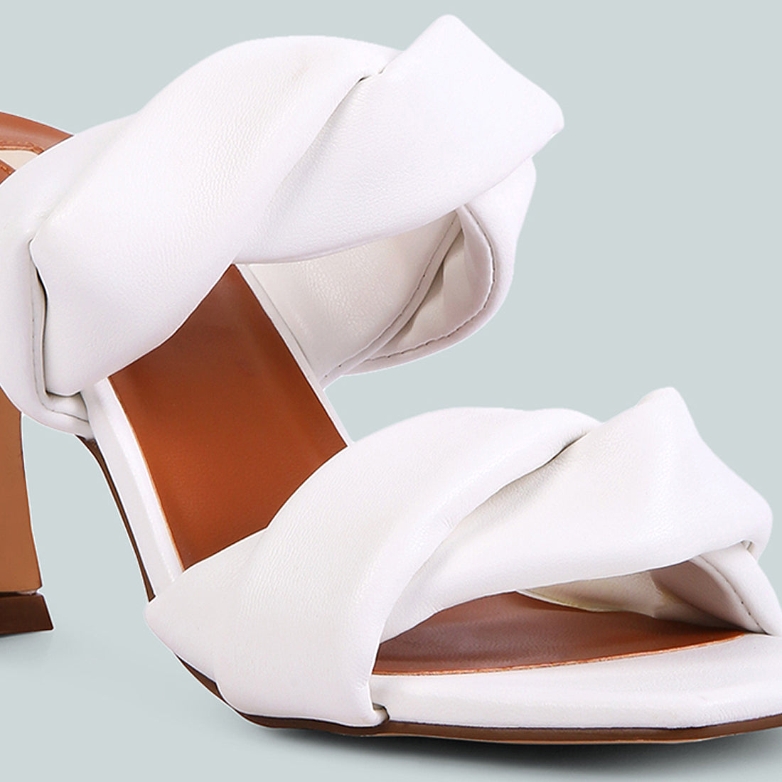 White Twisted Strap Spool Heeled Sandals