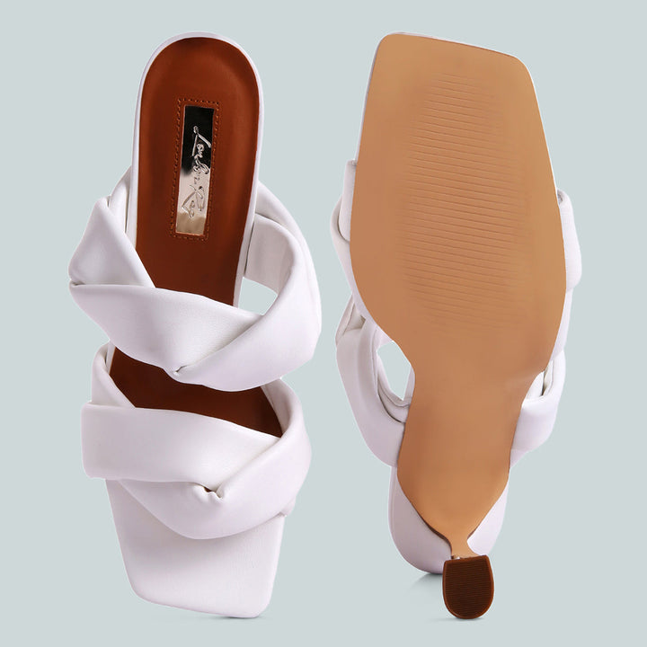White Twisted Strap Spool Heeled Sandals