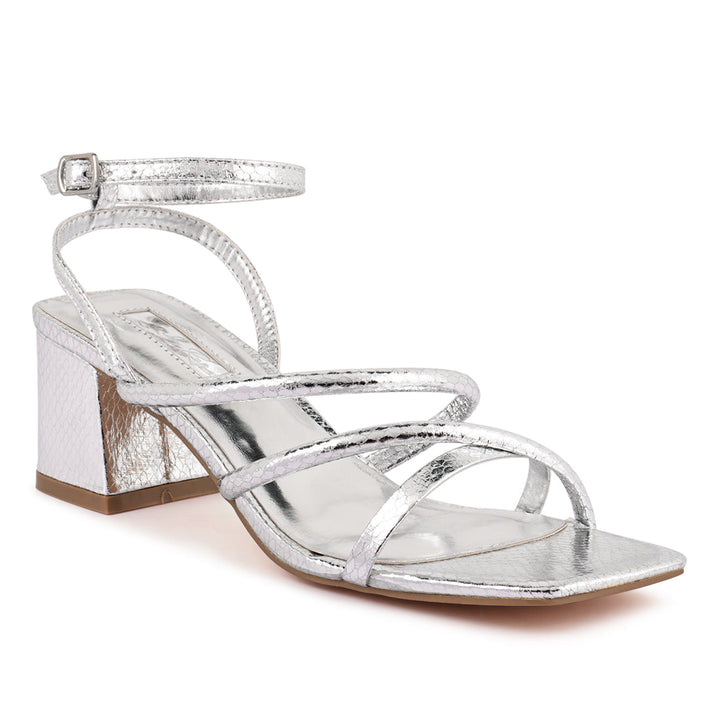 Silver Croc Mid Block Heel Casual Sandals