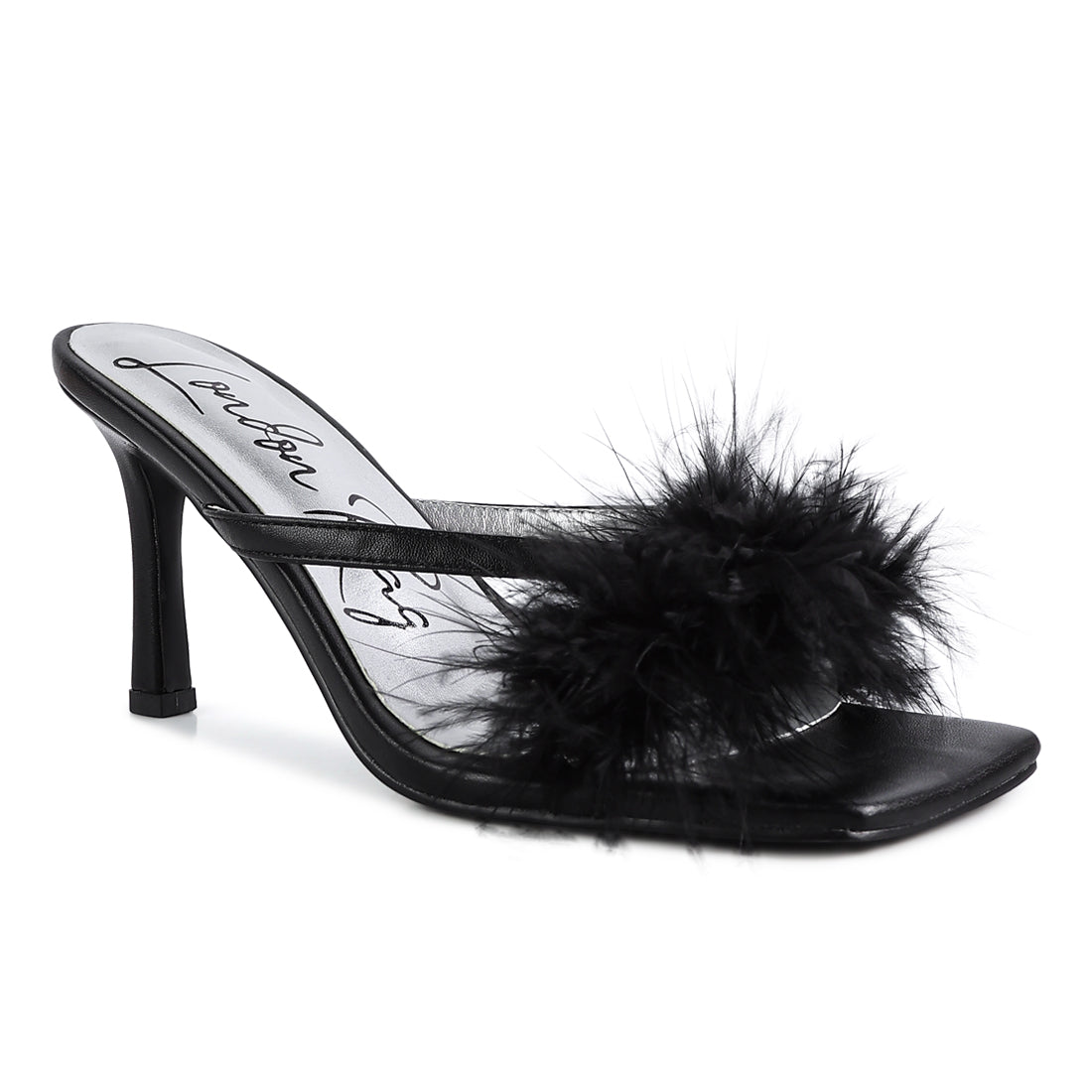 Black Feather Detail Slip-On Sandals